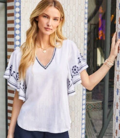 Embroidered Flutter Sleeve Top