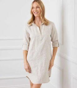 Petite Size Roll Tab Linen Shirtdress