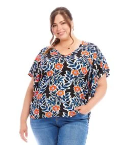 Plus Size Flutter Sleeve V-Neck Top