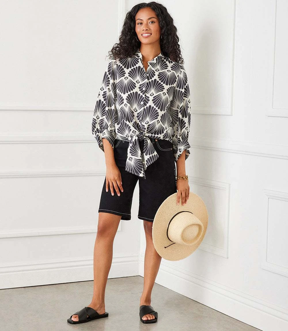 Petite Size Blouson Sleeve Linen Tie-Front Top 1 Petite Size Blouson Sleeve Linen Tie-Front Top