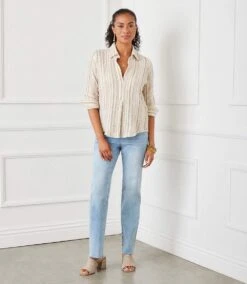 Metallic Stripe Ruched Sleeve Shirt 9 Metallic Stripe Ruched Sleeve Shirt -Karen Kane Store 1L24602 STP karenkane 2025 Spring 0