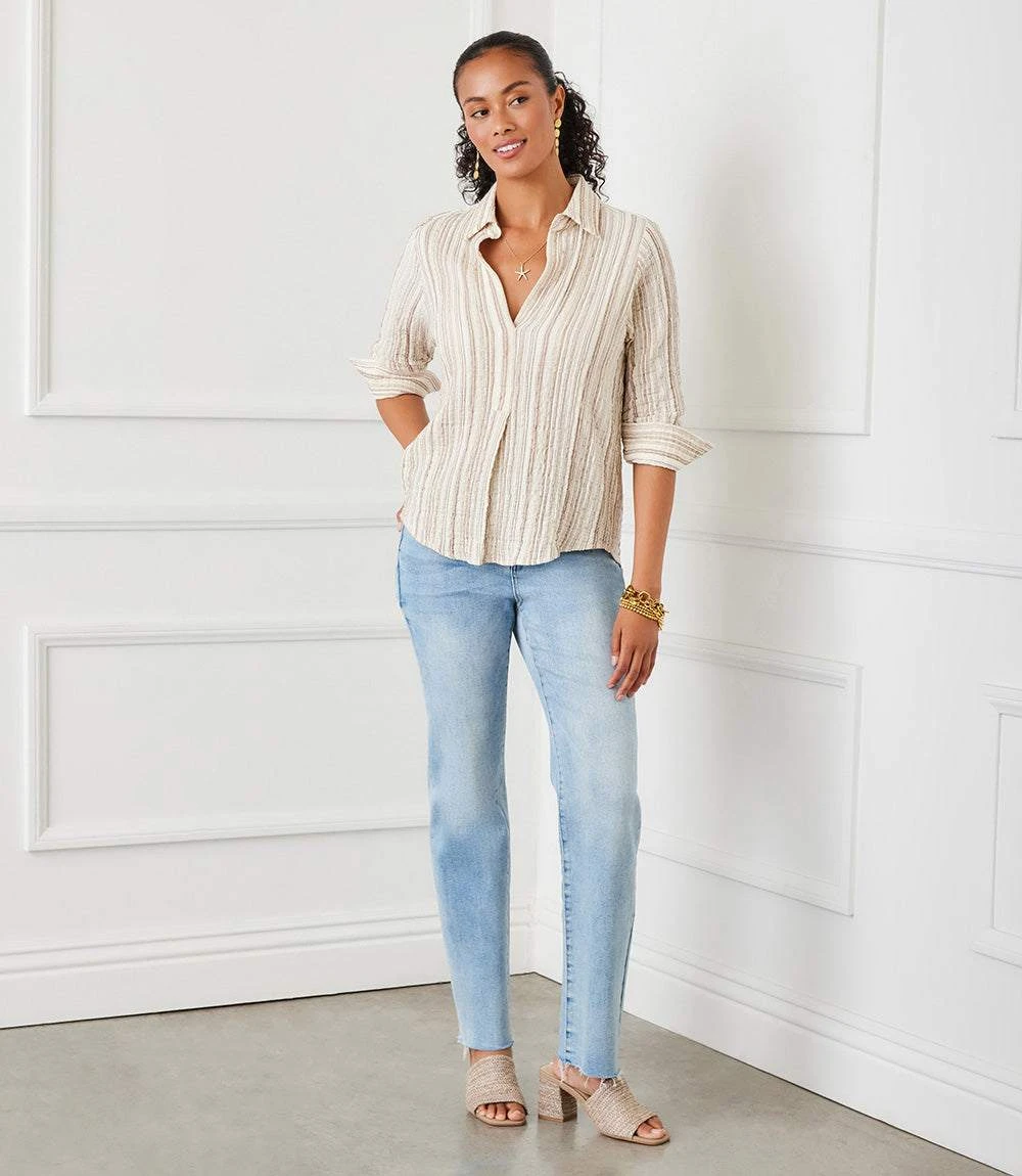 Metallic Stripe Ruched Sleeve Shirt 6 Metallic Stripe Ruched Sleeve Shirt - Image 6