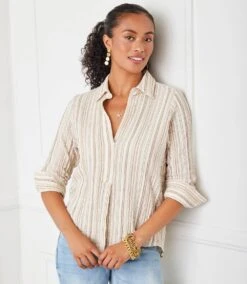 Metallic Stripe Ruched Sleeve Shirt
