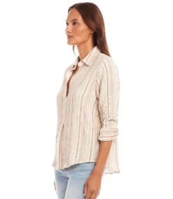 Metallic Stripe Ruched Sleeve Shirt 10 Metallic Stripe Ruched Sleeve Shirt -Karen Kane Store 1L24602 STP karenkane 2025 Spring 00 2