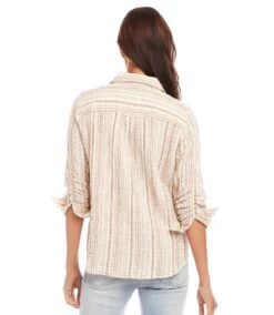 Metallic Stripe Ruched Sleeve Shirt 11 Metallic Stripe Ruched Sleeve Shirt -Karen Kane Store 1L24602 STP karenkane 2025 Spring 00 3