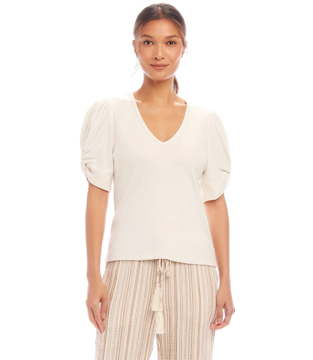 Petite Size Ribbed Twist Sleeve V-Neck Top 2 Petite Size Ribbed Twist Sleeve V-Neck Top - Image 2