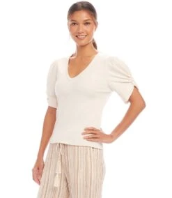 Petite Size Ribbed Twist Sleeve V-Neck Top 8 Petite Size Ribbed Twist Sleeve V-Neck Top -Karen Kane Store 1L27202P ECR karenkane 2025 Spring 00 2