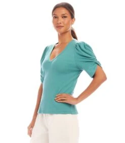 Ribbed Twist Sleeve V-Neck Top -Karen Kane Store 1L27202 AQU karenkane 2025 Spring 00 2 48d7fbfa bd38 498f 82ca be7d58477bf3