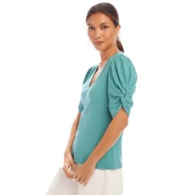 Ribbed Twist Sleeve V-Neck Top -Karen Kane Store 1L27202 AQU karenkane 2025 Spring 00 4 b28a9a1f 7e47 46b4 b181 5223125554b2