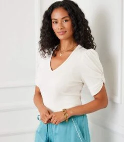 Petite Size Ribbed Twist Sleeve V-Neck Top