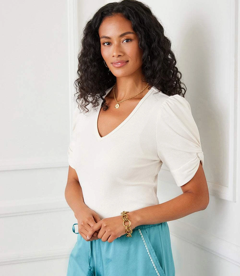 Petite Size Ribbed Twist Sleeve V-Neck Top 1 Petite Size Ribbed Twist Sleeve V-Neck Top