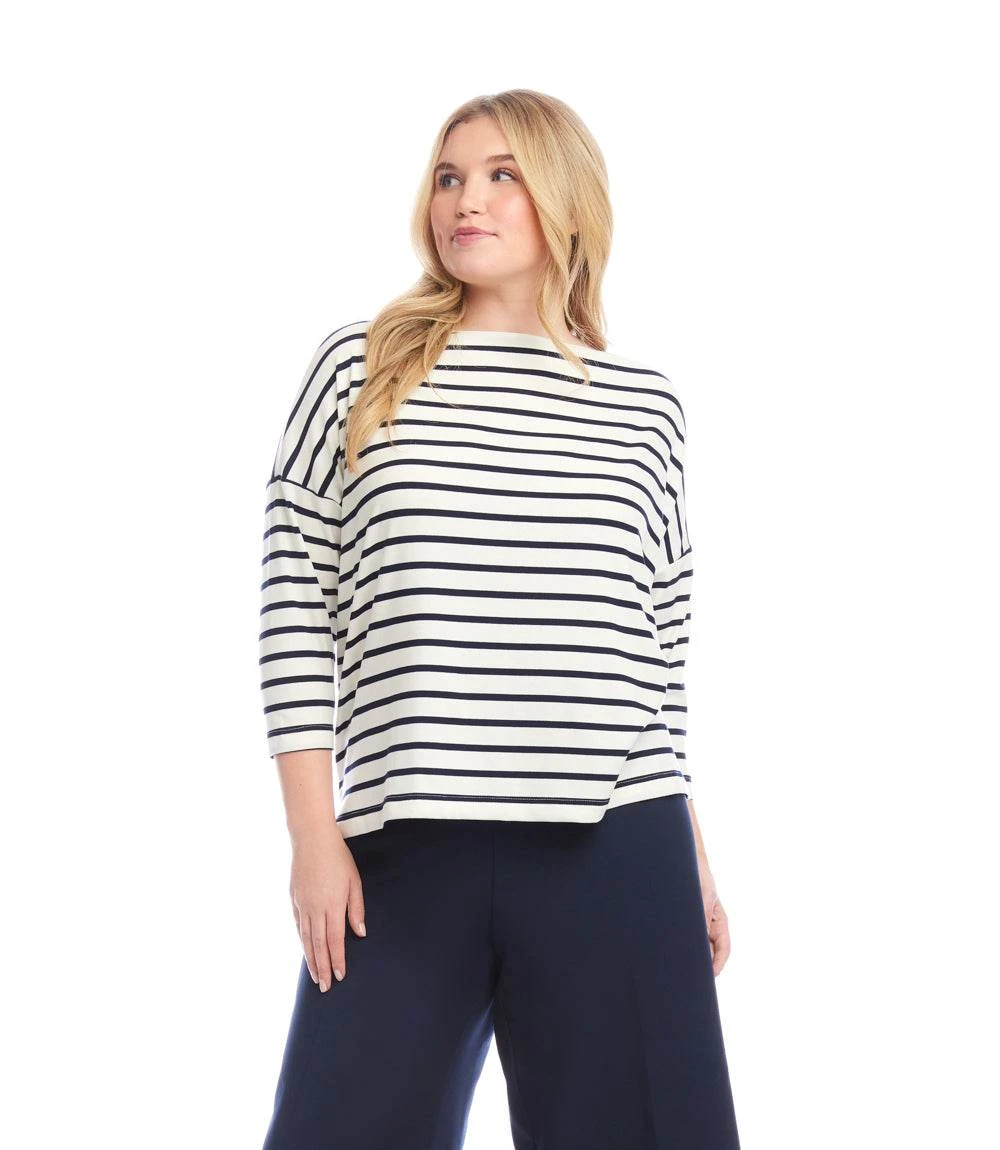 Plus Size Stripe 3/4 Sleeve Boatneck Top 1 Plus Size Stripe 3/4 Sleeve Boatneck Top