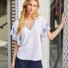 Petite Size Embroidered Flutter Sleeve Top
