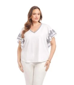 Plus Size Embroidered Flutter Sleeve Top