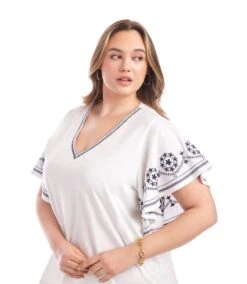 Plus Size Embroidered Flutter Sleeve Top -Karen Kane Store 2L21701W OWH karenkane 2025 Summer 00 4