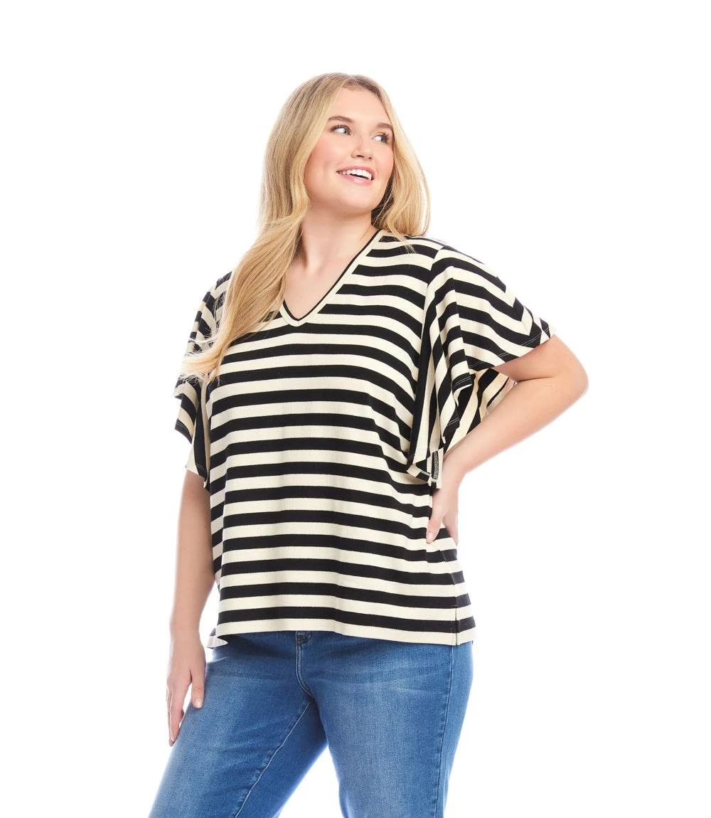 Plus Size Stripe Flutter Sleeve V-Neck Top 1 Plus Size Stripe Flutter Sleeve V-Neck Top