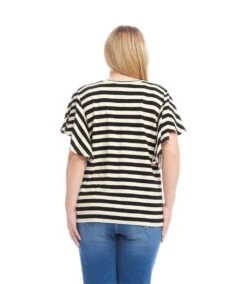 Plus Size Stripe Flutter Sleeve V-Neck Top 6 Plus Size Stripe Flutter Sleeve V-Neck Top -Karen Kane Store 2L25400W BLC KK 2025 Summer 00 3