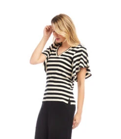 Stripe Flutter Sleeve V-Neck Top -Karen Kane Store 2L25400 BLC KK 2025 Summer 00 2
