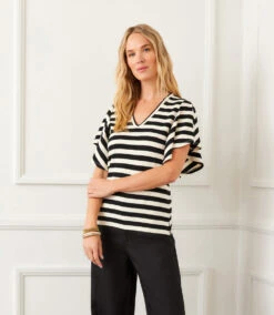 Stripe Flutter Sleeve V-Neck Top