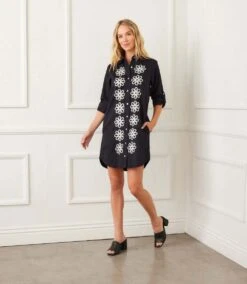 Petite Size Roll Tab Embroidered Shirtdress