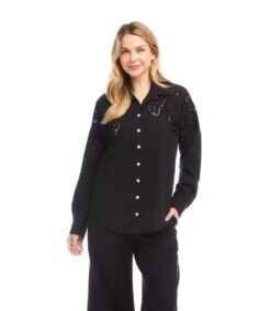 Long Sleeve Cutout Embroidery Shirt 20 Long Sleeve Cutout Embroidery Shirt -Karen Kane Store 2L70120 BLK karenkane 2025 Summer 00 1