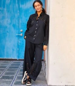 Long Sleeve Cutout Embroidery Shirt 18 Long Sleeve Cutout Embroidery Shirt -Karen Kane Store 2L70120 BLK karenkane 2025 Summer 00 5