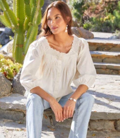 3/4 Sleeve Square Neck Button-Up Blouse -Karen Kane Store 2L70121 CRE KK 2025 Summer 00 1