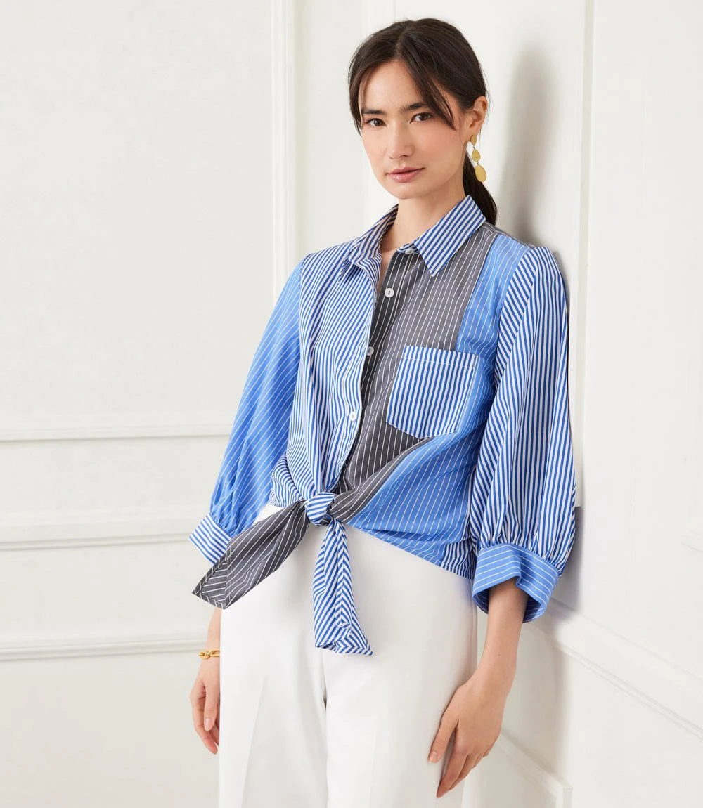 Blouson Sleeve Mixed Stripe Tie-Front Top 2 Blouson Sleeve Mixed Stripe Tie-Front Top - Image 2