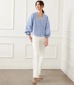 Stripe Layered Sleeve Shirred Blouse