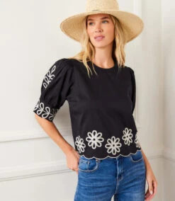 Petite Size 3/4 Sleeve Embroidered Scallop Top