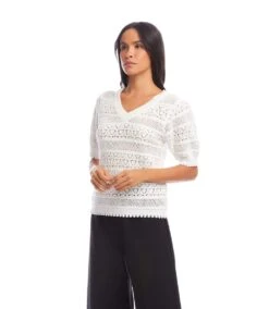 Short Sleeve Crochet V-Neck Top 9 Short Sleeve Crochet V-Neck Top -Karen Kane Store 2L70260 OWH KK 2025 Summer 00 2