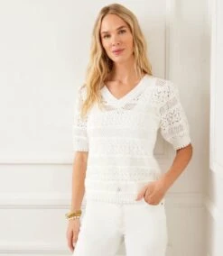 Short Sleeve Crochet V-Neck Top