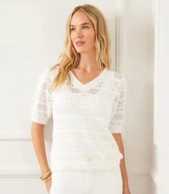 Short Sleeve Crochet V-Neck Top 12 Short Sleeve Crochet V-Neck Top -Karen Kane Store 2L70260 OWH KK 2025 Summer 00 6