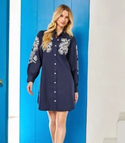 Embroidered Puff Sleeve Shirtdress