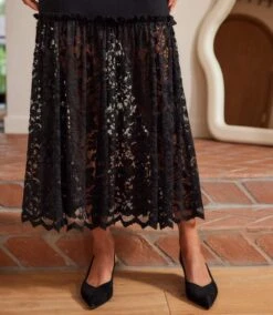Long Sleeve Contrast Lace V-Neck Column Dress -Karen Kane Store 3L08704 BLK karenkane 2025 fall 00 3