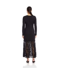 Long Sleeve Contrast Lace V-Neck Column Dress -Karen Kane Store 3L08704 BLK karenkane 2025 fall 00 8