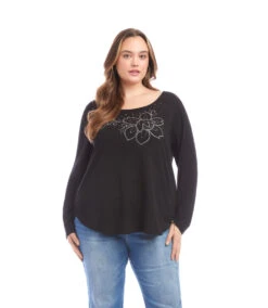 Plus Size Long Sleeve Embellished Shirttail Top