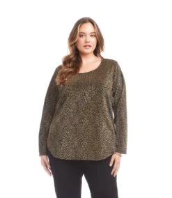 Plus Size Long Sleeve Metallic Knit Shirttail Top