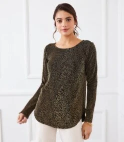 Long Sleeve Metallic Knit Shirttail Top