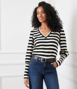 Petite Size Stripe Bishop Sleeve V-Neck Top 8 Petite Size Stripe Bishop Sleeve V-Neck Top -Karen Kane Store 3L25401P BLC karenkane 2025 fall 00 1