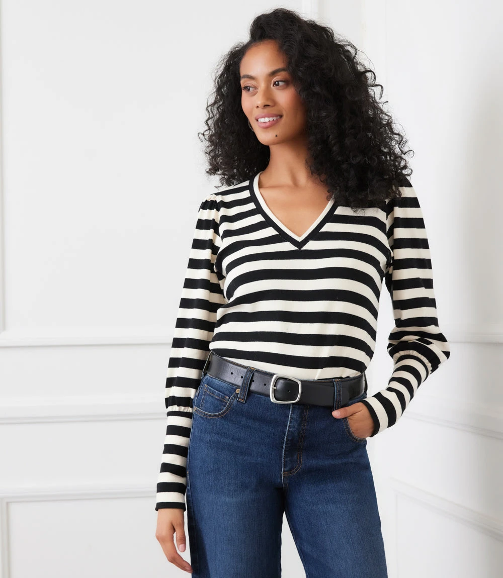 Petite Size Stripe Bishop Sleeve V-Neck Top 3 Petite Size Stripe Bishop Sleeve V-Neck Top - Image 3