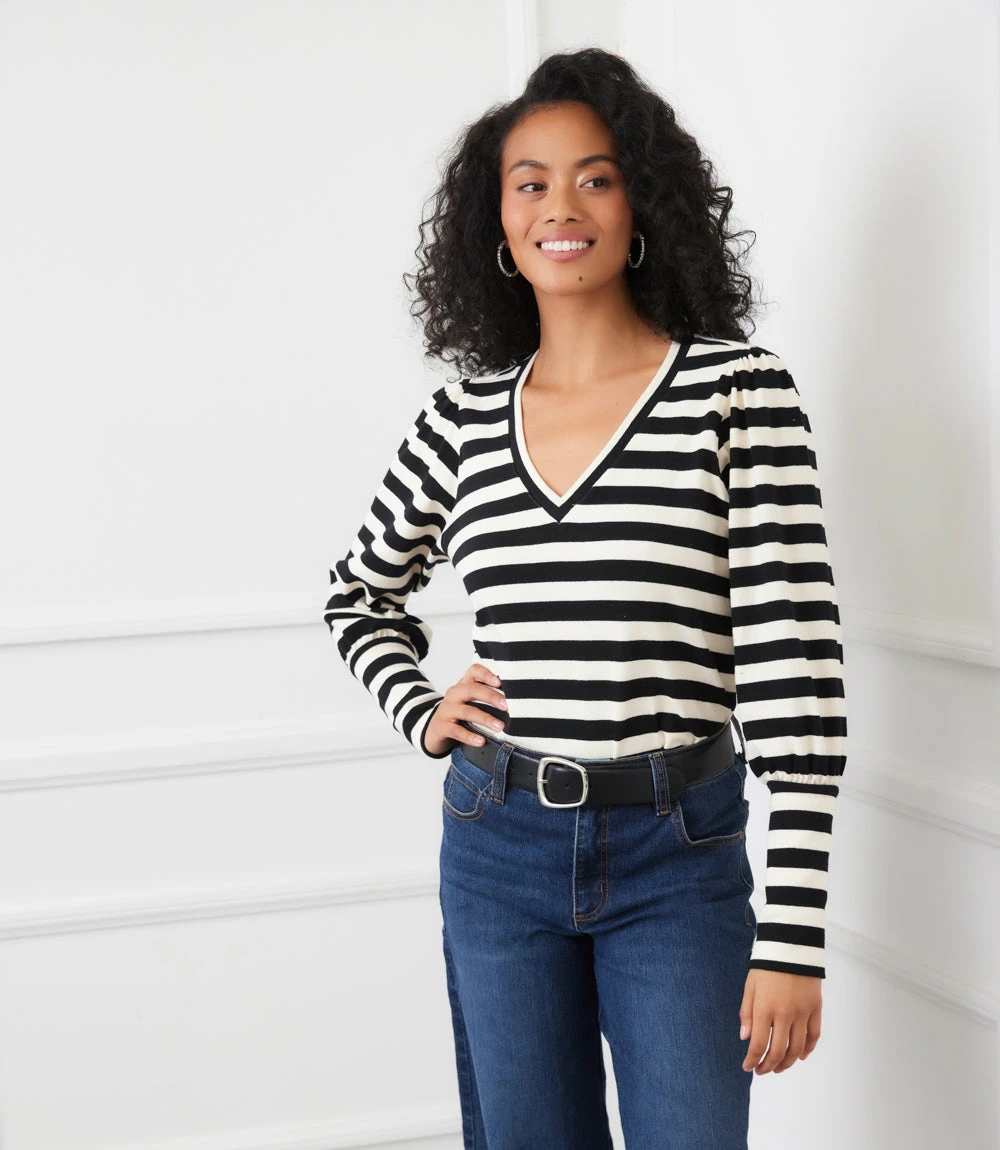 Petite Size Stripe Bishop Sleeve V-Neck Top 1 Petite Size Stripe Bishop Sleeve V-Neck Top