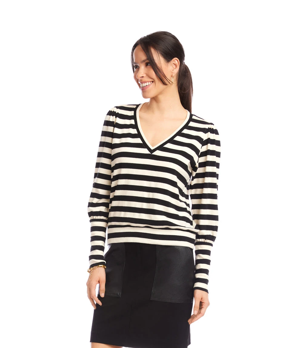 Petite Size Stripe Bishop Sleeve V-Neck Top 4 Petite Size Stripe Bishop Sleeve V-Neck Top - Image 4