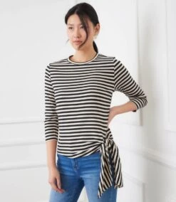 Stripe 3/4 Sleeve Side-Tie Top
