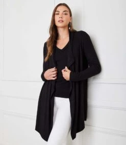 Petite Size Long Sleeve Ribbed Drape Front Cardigan