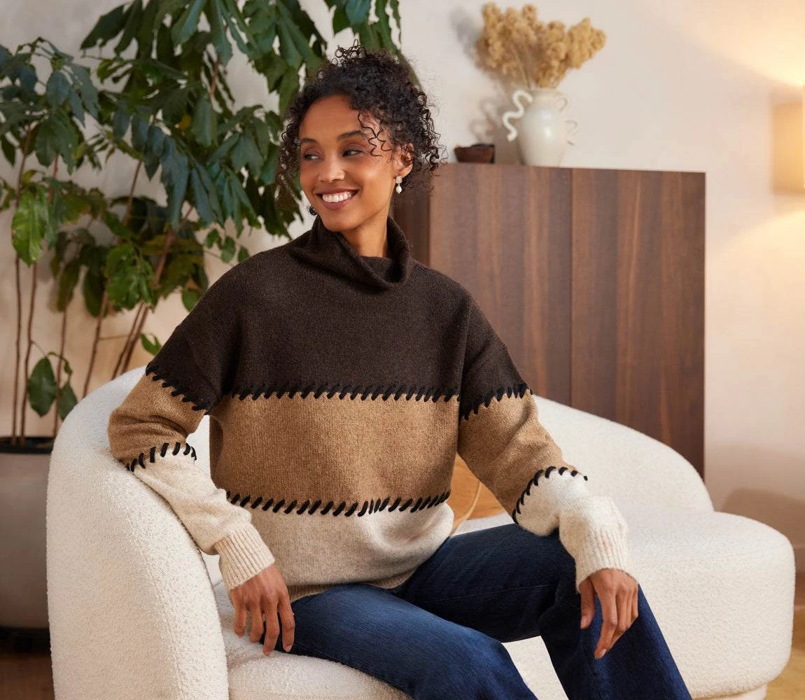 Petite Size Contrast Stitch Mock Neck Colorblock Sweater 2 Petite Size Contrast Stitch Mock Neck Colorblock Sweater - Image 2