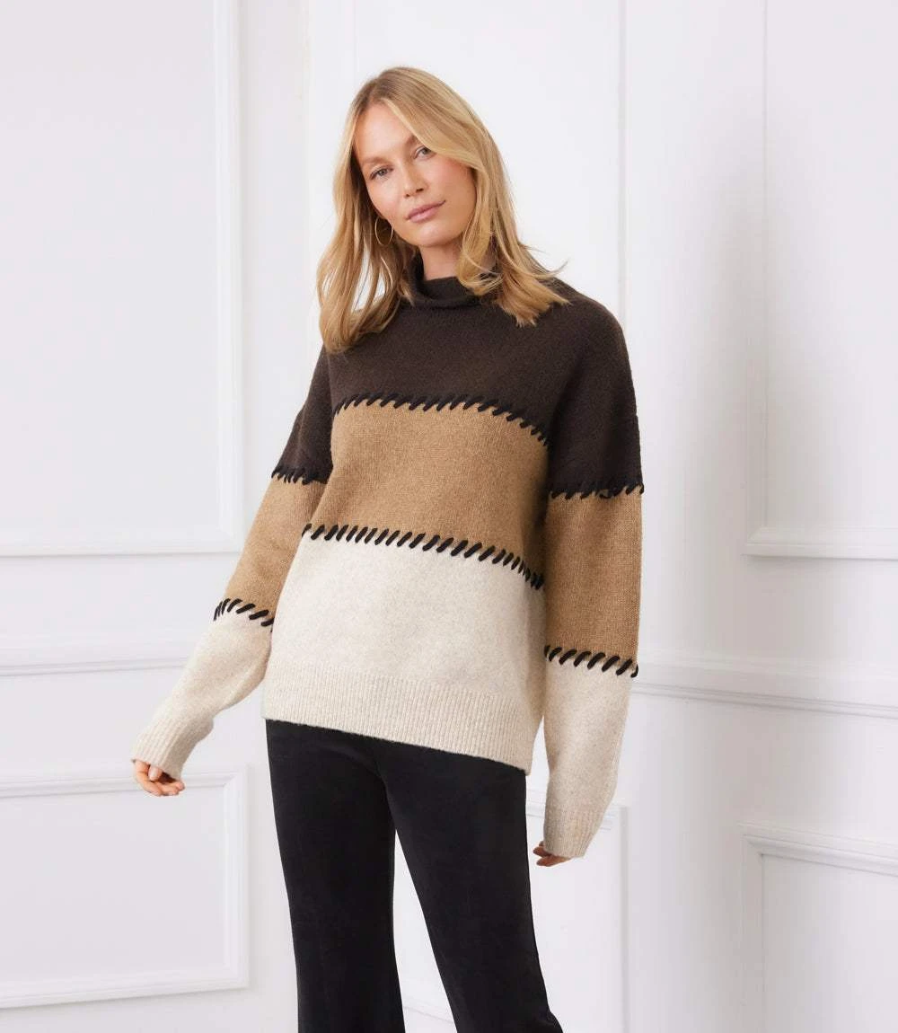 Contrast Stitch Mock Neck Colorblock Sweater 3 Contrast Stitch Mock Neck Colorblock Sweater - Image 3