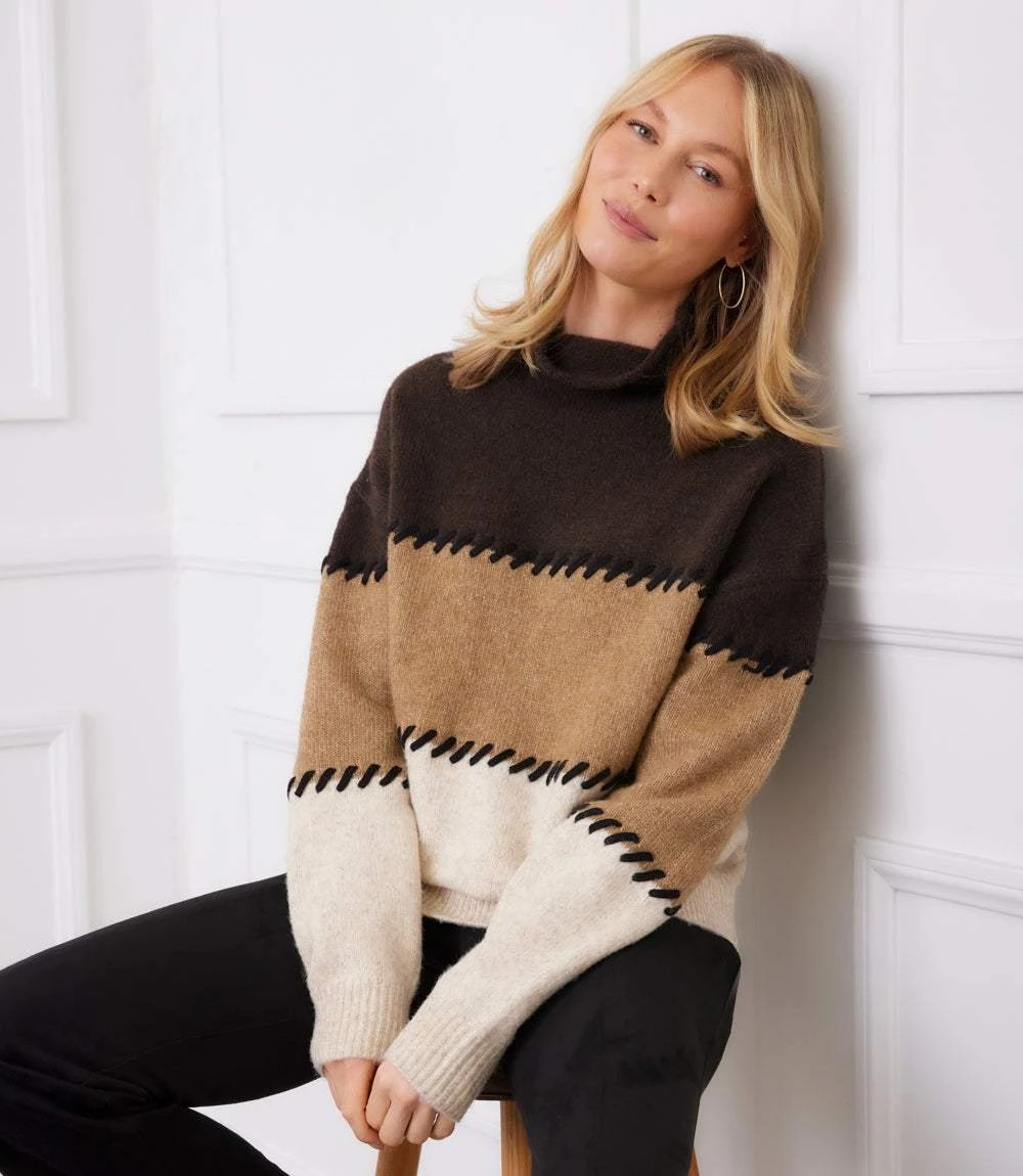 Contrast Stitch Mock Neck Colorblock Sweater 2 Contrast Stitch Mock Neck Colorblock Sweater - Image 2