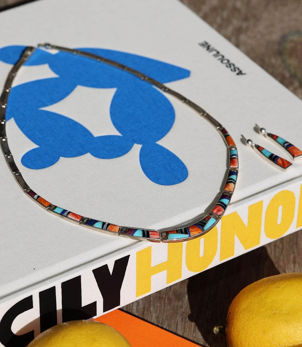 Multi Color Turquoise Inlay Necklace & Earring Set 4 Multi Color Turquoise Inlay Necklace & Earring Set - Image 4