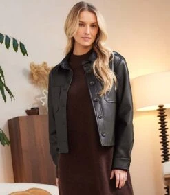 Petite Size Faux Leather Cropped Jacket -Karen Kane Store BBDCB02C AB66 4829 96AA E63084AD49CF